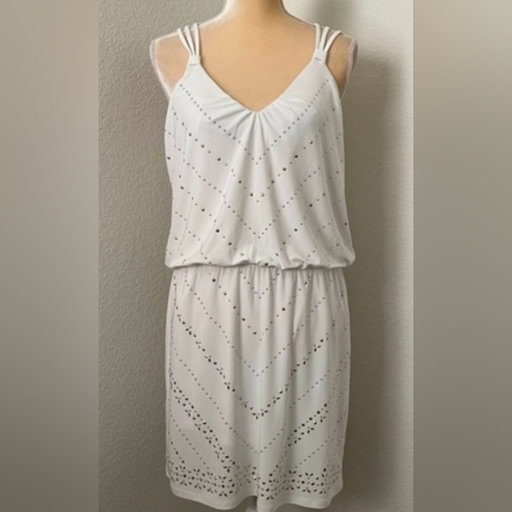 WHBM Chevron Gold Silver Studded Blouson Top Dress. White Party Time! Vacay!